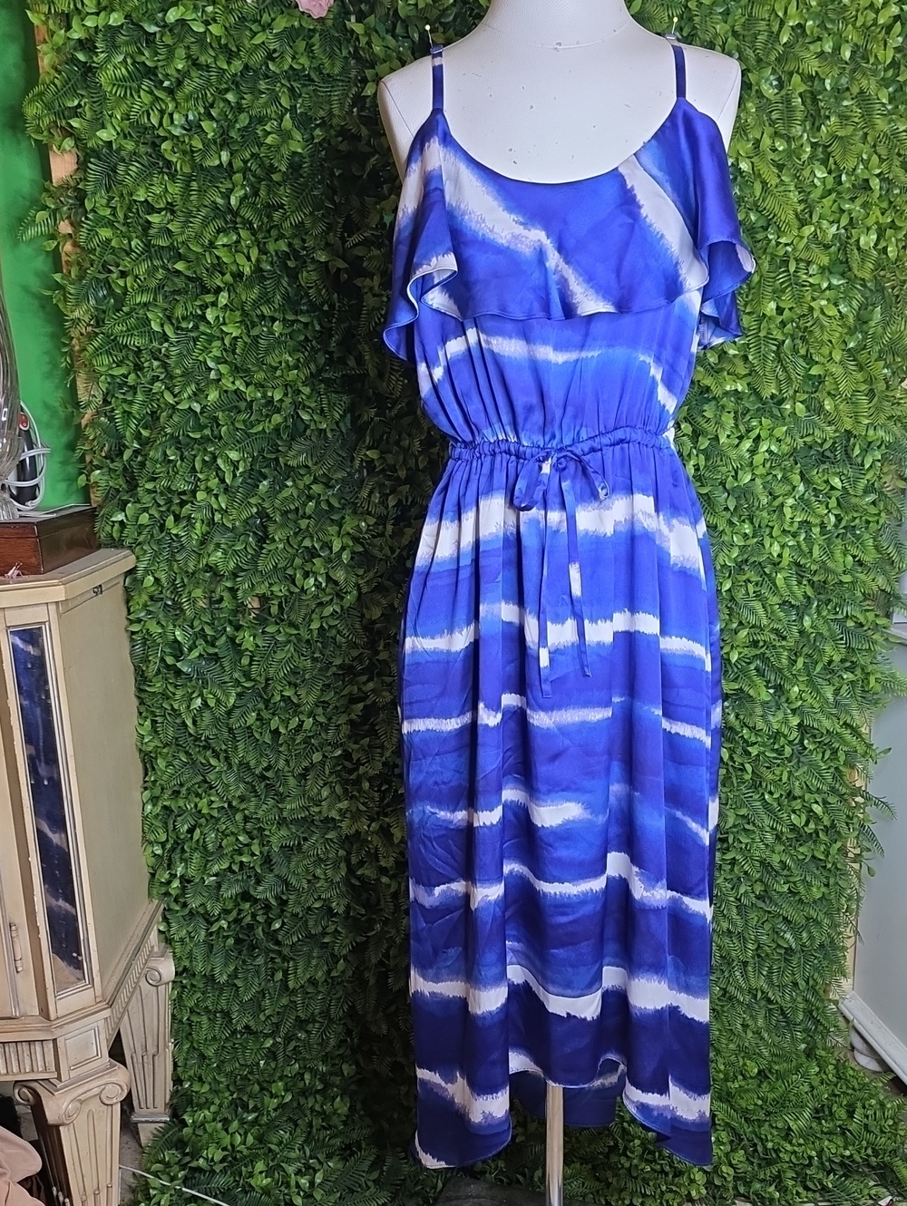 Express Blue and White Ruffle Tie-Dye Maxi Dress